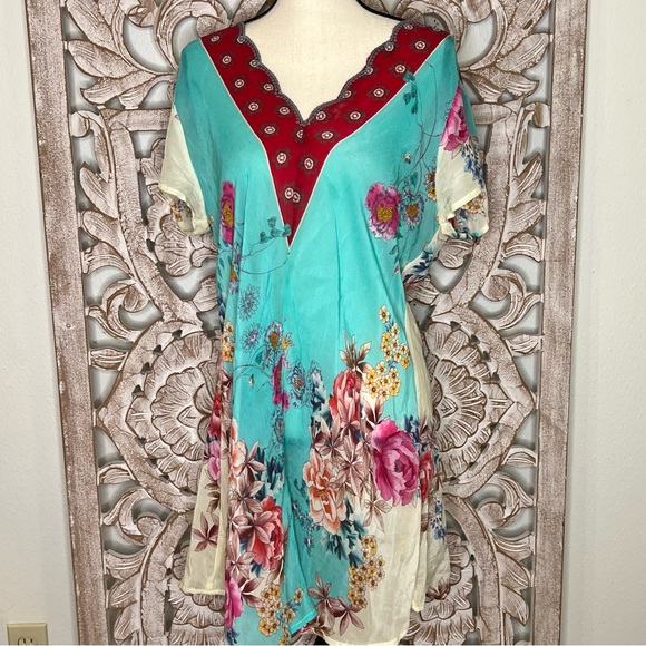 Johnny Was Tops - Johnny Was Blue and Red Mini Dress Sz L